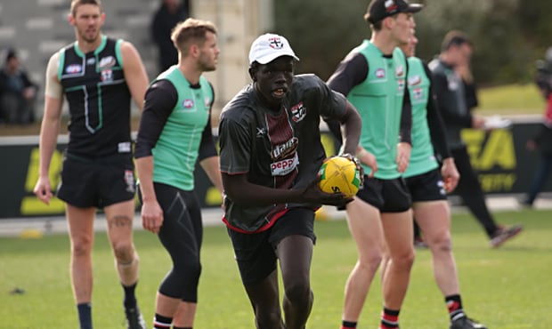 Bigoa Nyuon got a taste of life as an AFL footballer on Wednesday as he trained alongside the Saints. - St Kilda Saints